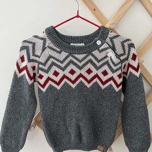 Miles Baby Gray Fair Isle Button-Shoulder Sweater with Red Accents